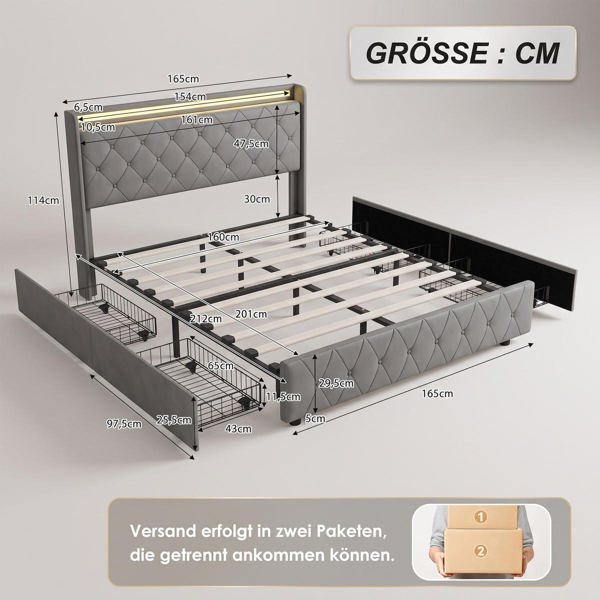 POLSTERBETT, LED-Beleuchtung Doppelbett 160x200cm mit Ladefunktion und 4 Schubladen, Samt, grau - Grau, Holz/Holzwerkstoff (160/200cm) - GENKI LIVING