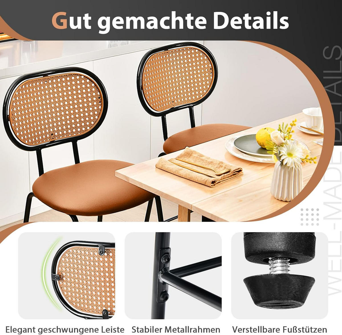 BARHOCKER mit Rückenlehne Braun(2er-Set) - Braun, Fell (48/107/52cm) - COSTWAY