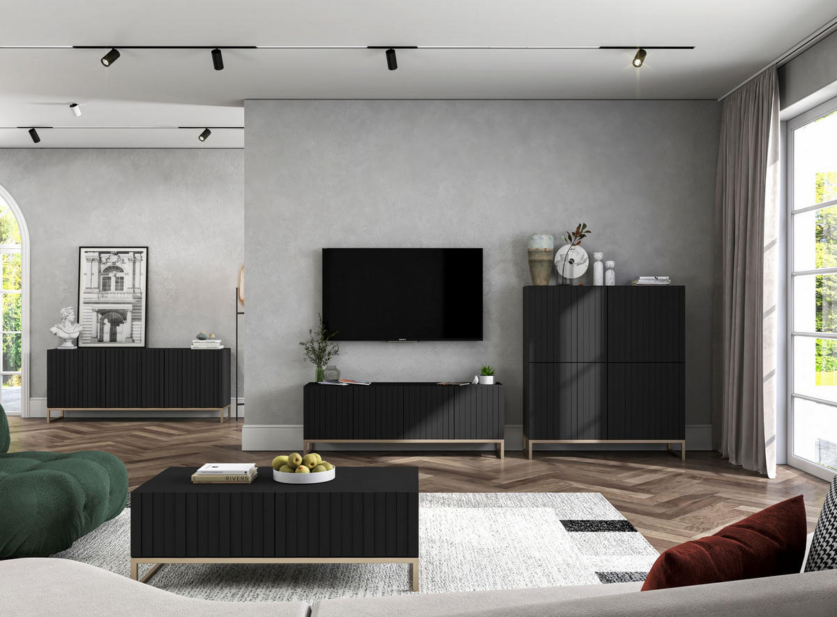 KOMMODE Elpis 3D Schwarz Matt Glamour 168 cm - Schwarz/Kupferfarben, Holzwerkstoff/Metall (168/72/36.5cm) - Meble Lindner