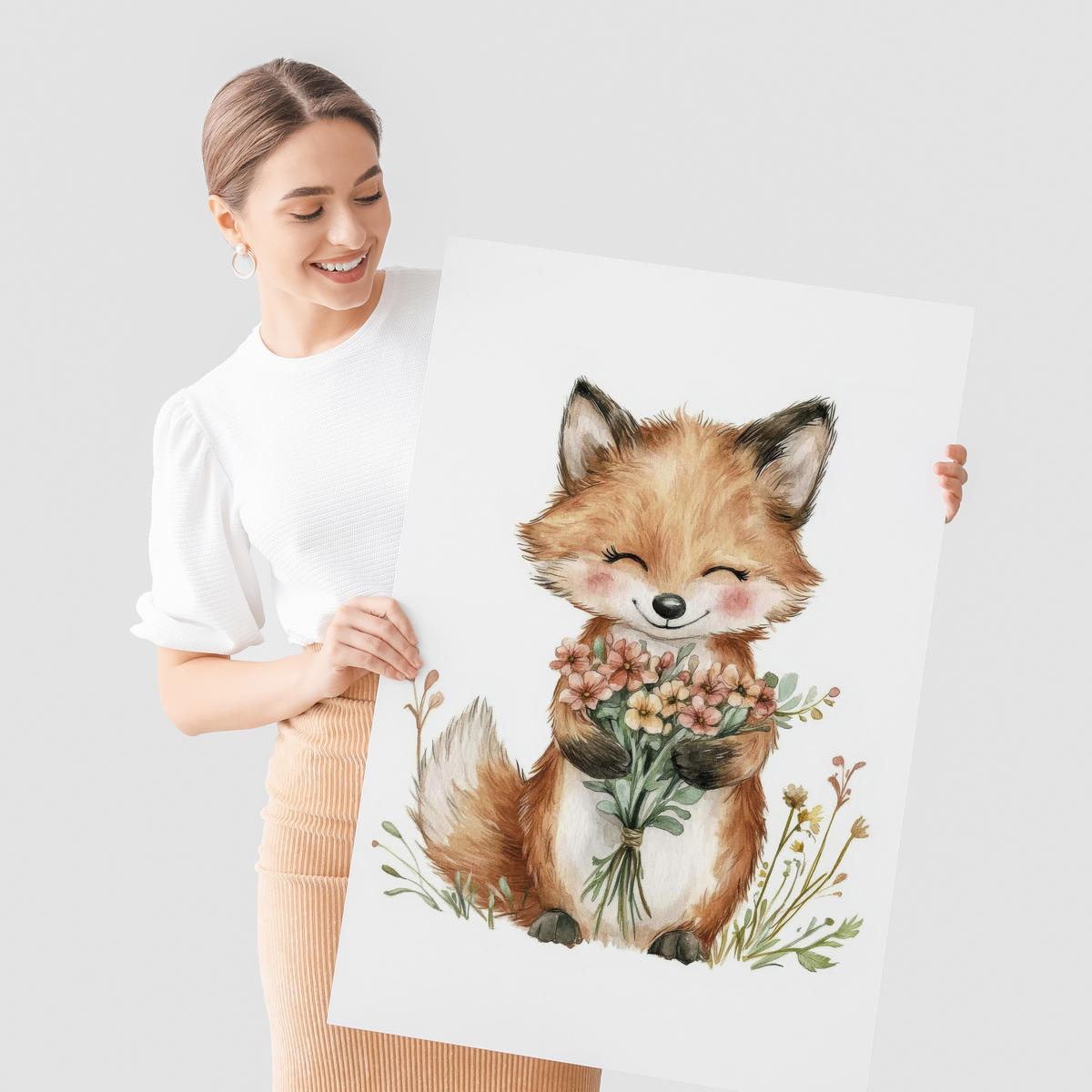 POSTER SET ohne Rahmen für Kinder WALDTIERE Blumen Pflanzen 3x Poster A4 21x30cm - Gelb/Beige, Papier (21/30/1cm) - Muralo