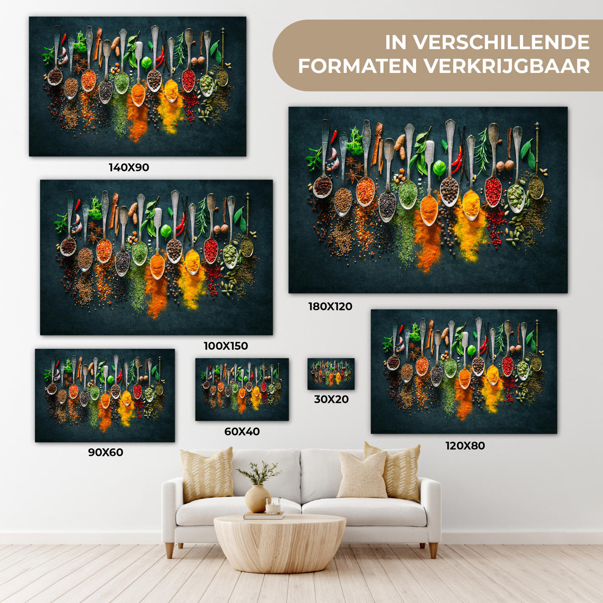 LEINWANDBILD Kräuter - Gewürze - Löffel Wanddeko 90x60 cm - Currygelb, Textil (90/60cm) - MuchoWow