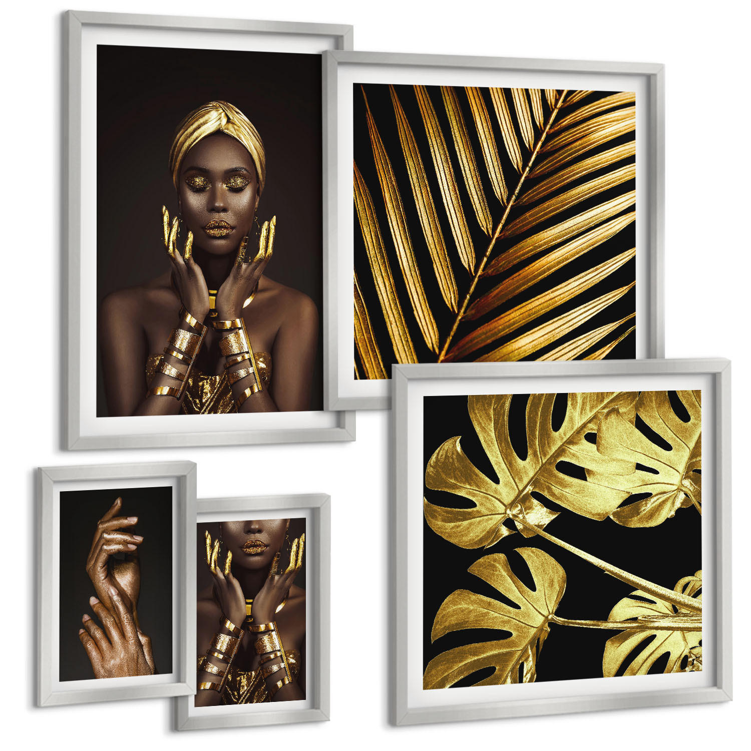 BILDER SET 5er Set - 50x50 cm & 20x30 cm & 40x60 cm Silberner Rahmen - Künstlerische Porträts von Frauen - Silberfarben, Kunststoff (40/60cm) - TULUP