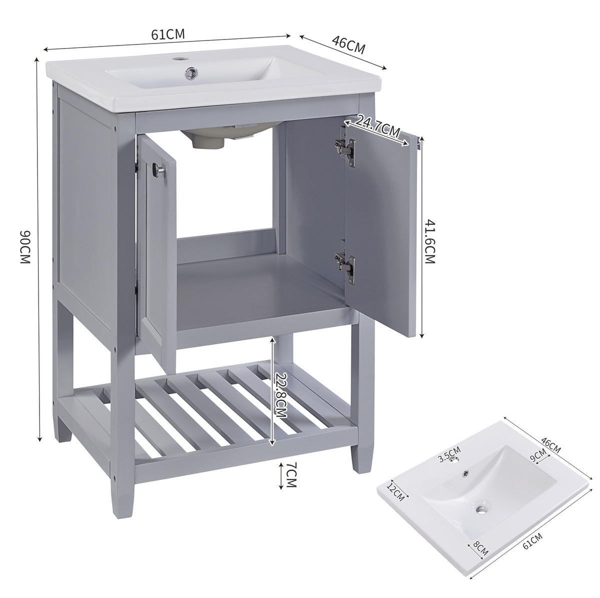 WASCHTISCHKOMBI 60 cm Grau/Weiß aus Massivholz und MDF mit Keramik-Waschbecken - Weiß, Holzwerkstoff (61/90/46cm) - OKMYHOME