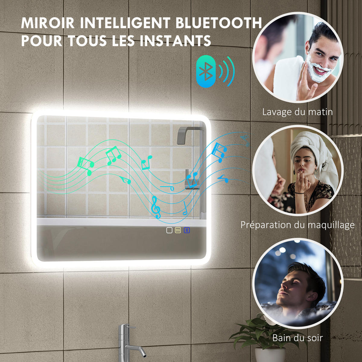 BADEZIMMERSPIEGEL DE-15174 50/70 cm mit Bluetooth und 3 LED-Farben Silber - Silberfarben, Glas (3.5/50/70cm) - ComfortXL