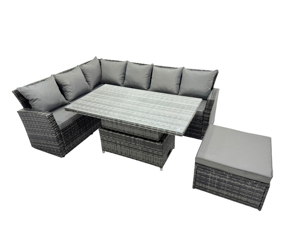 GARTEN-ECKSOFAGARNITUR mit höhenverstellbarer Tisch Polyrattan 7-Sitzer - Dunkelgrau/Grau, Glas/Kunststoff - Fimous