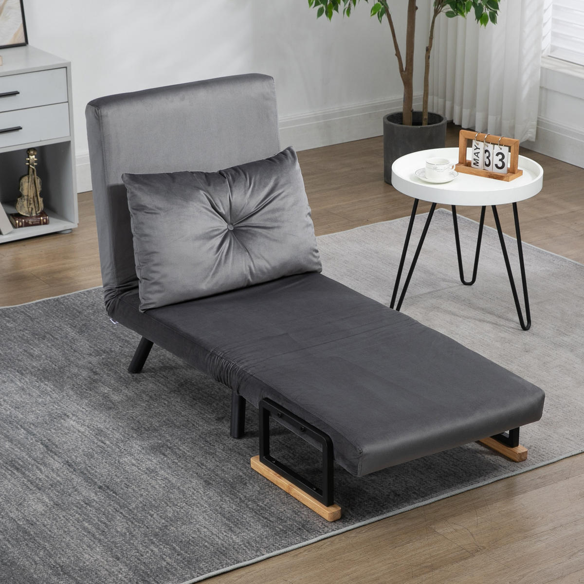SCHLAFSESSEL, Einzelsofa mit Bettfunktion, Relaxsessel mit Rückenkissen Grau - Dunkelgrau/Schwarz, Holz/Textil (73/81/63cm) - HOMCOM