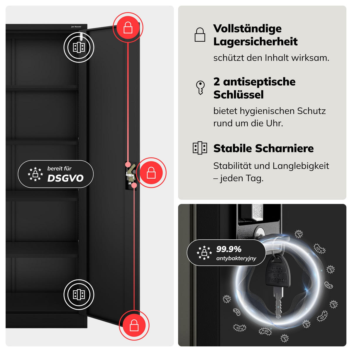 AKTENSCHRANK JAN 185x90x45 cm - Schwarz, Metall (90/185/40cm) - Jan Nowak