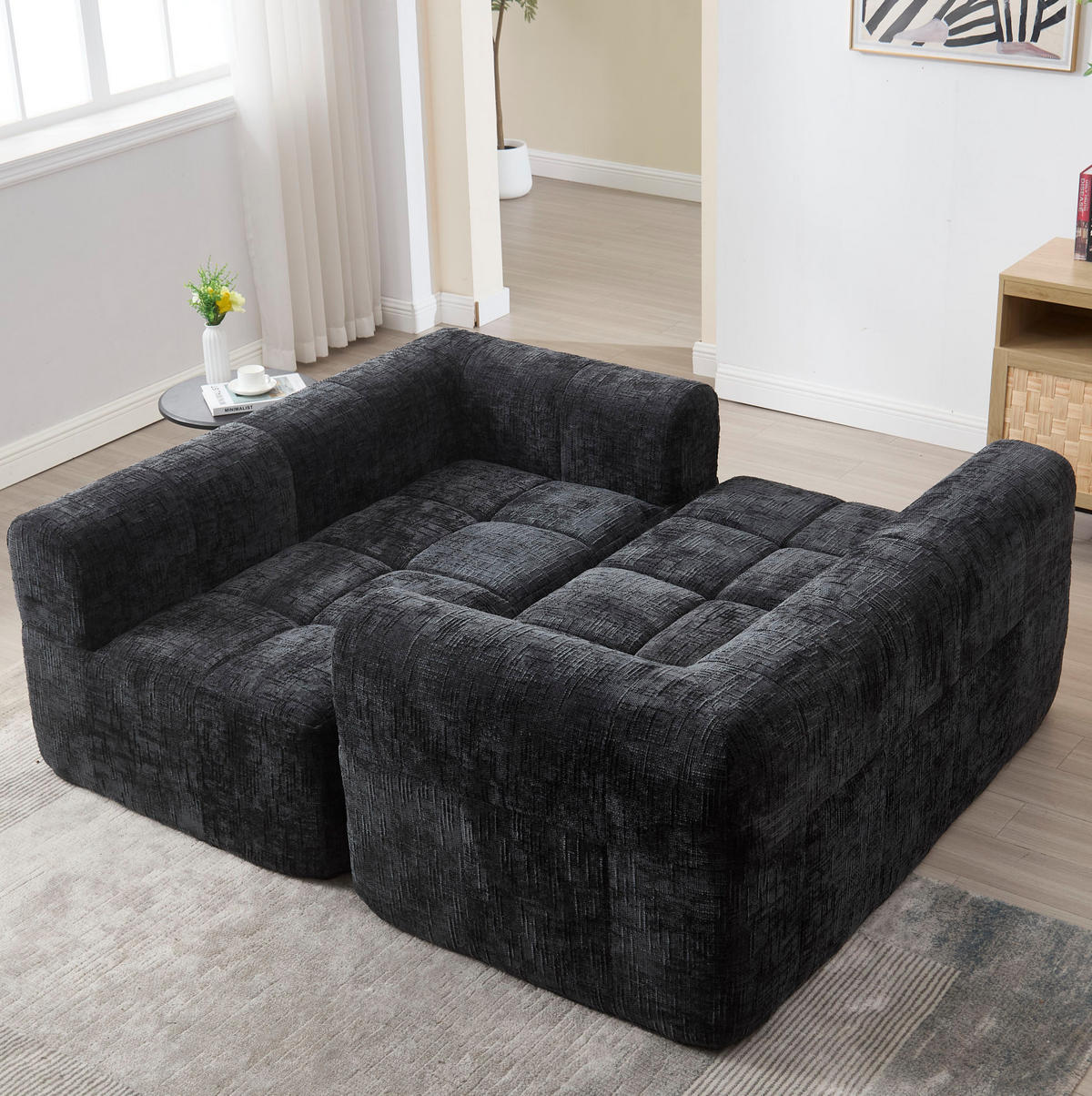 SOFA mit Chaiselongue 250 x 158 cm Chenille Black - Schwarz, Textil (158/250cm) - Meubliv