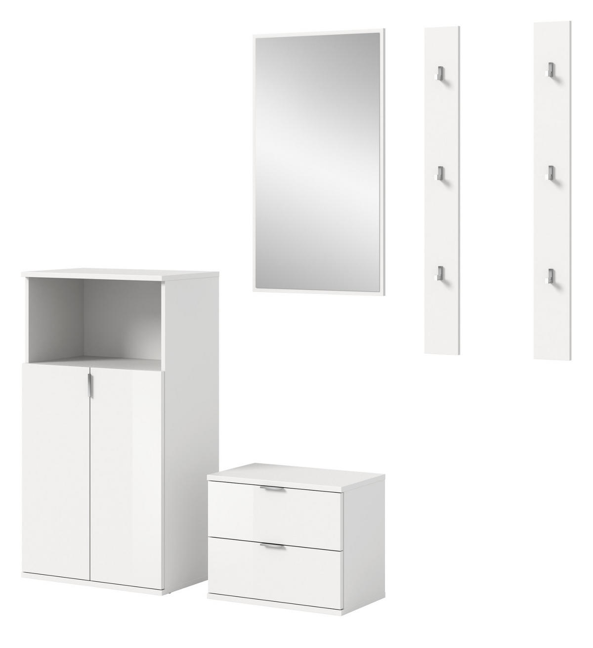GARDEROBE Set 5-teilig weiß Hochglanz 184 cm, Flurgarderobe mit viel Stauraum - Chromfarben/Weiß Hochglanz, Glas/Holzwerkstoff (184/193/37cm) - Inn.Furn