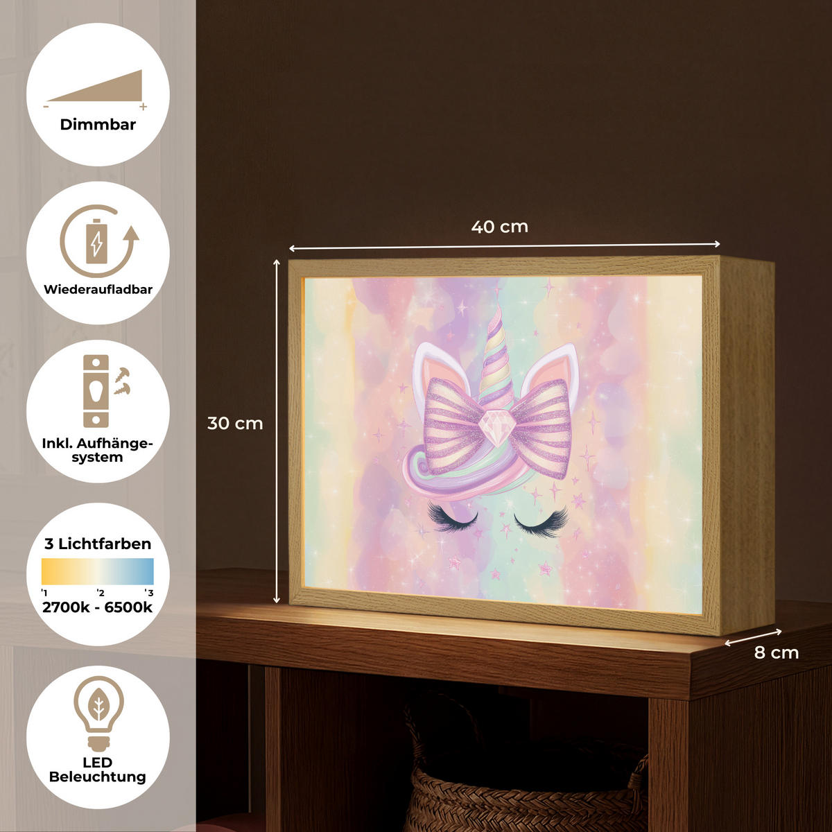 NÁSTĚNNÁ LAMPA S AKUMULÁTOREM Jednorožec - Třpytky - Duha - Pastelové barvy 40x30 cm - světle růžová, kompozitní dřevo (40/30/8cm) - OnlyWow