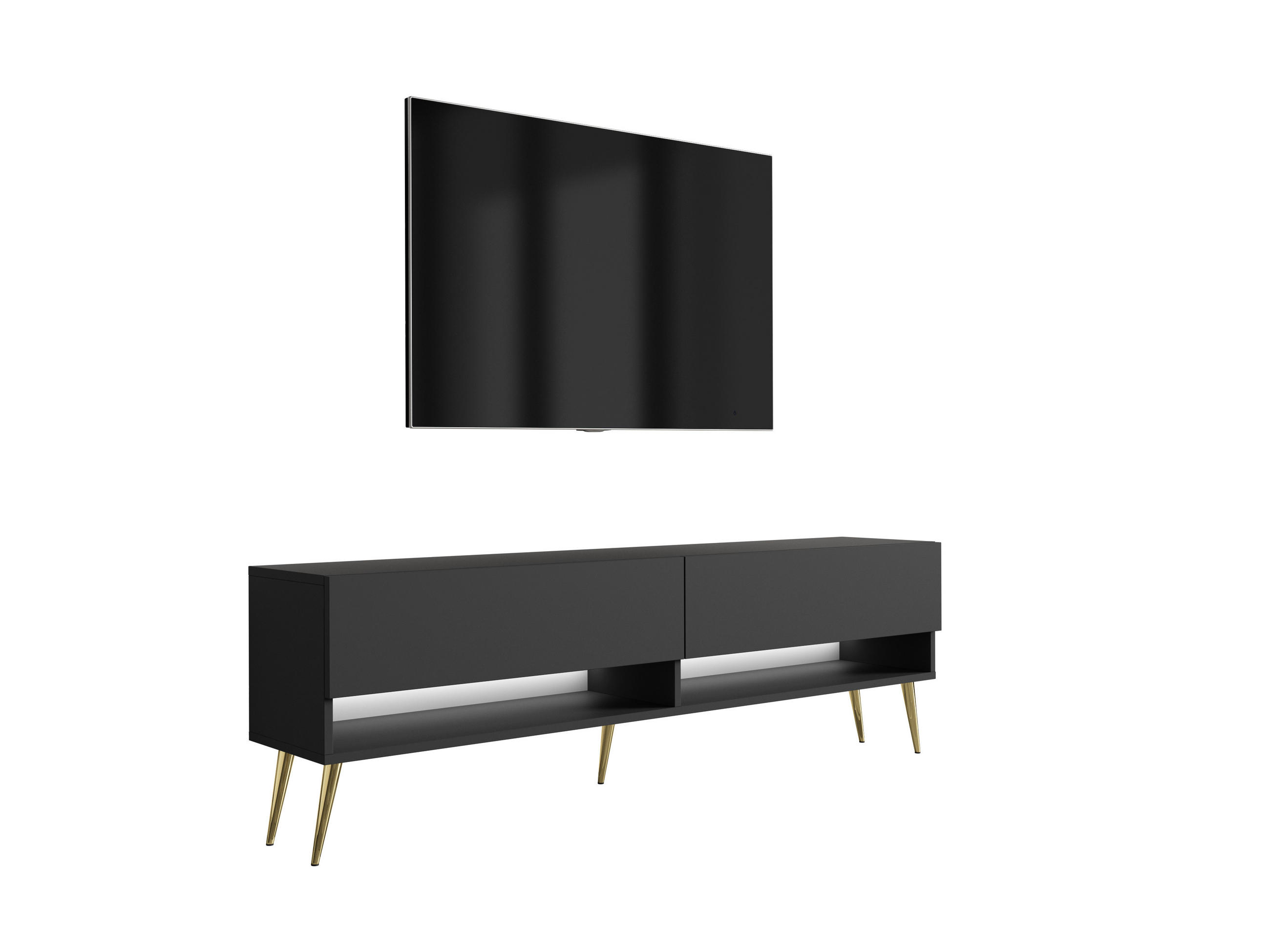 TV-LOWBOARD 170 cm Mattschwarz, goldene schräge Beine, weiße LED, 170 × 32 × 52 cm - Schwarz, Holzwerkstoff (170/52/32cm) - 3XE LIVING