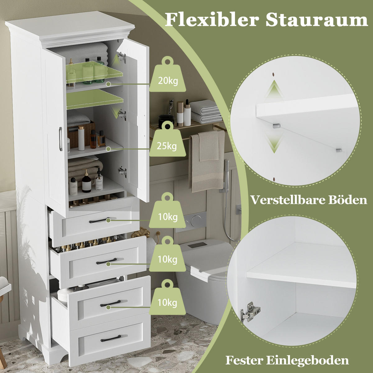 BADEZIMMERSCHRANK mit Schubladen, Einzelschrank, verstellbare Einlegeböden, Soft Close, Weiß - Weiß, Holz (57/180/38cm) - PARAFTA HOME