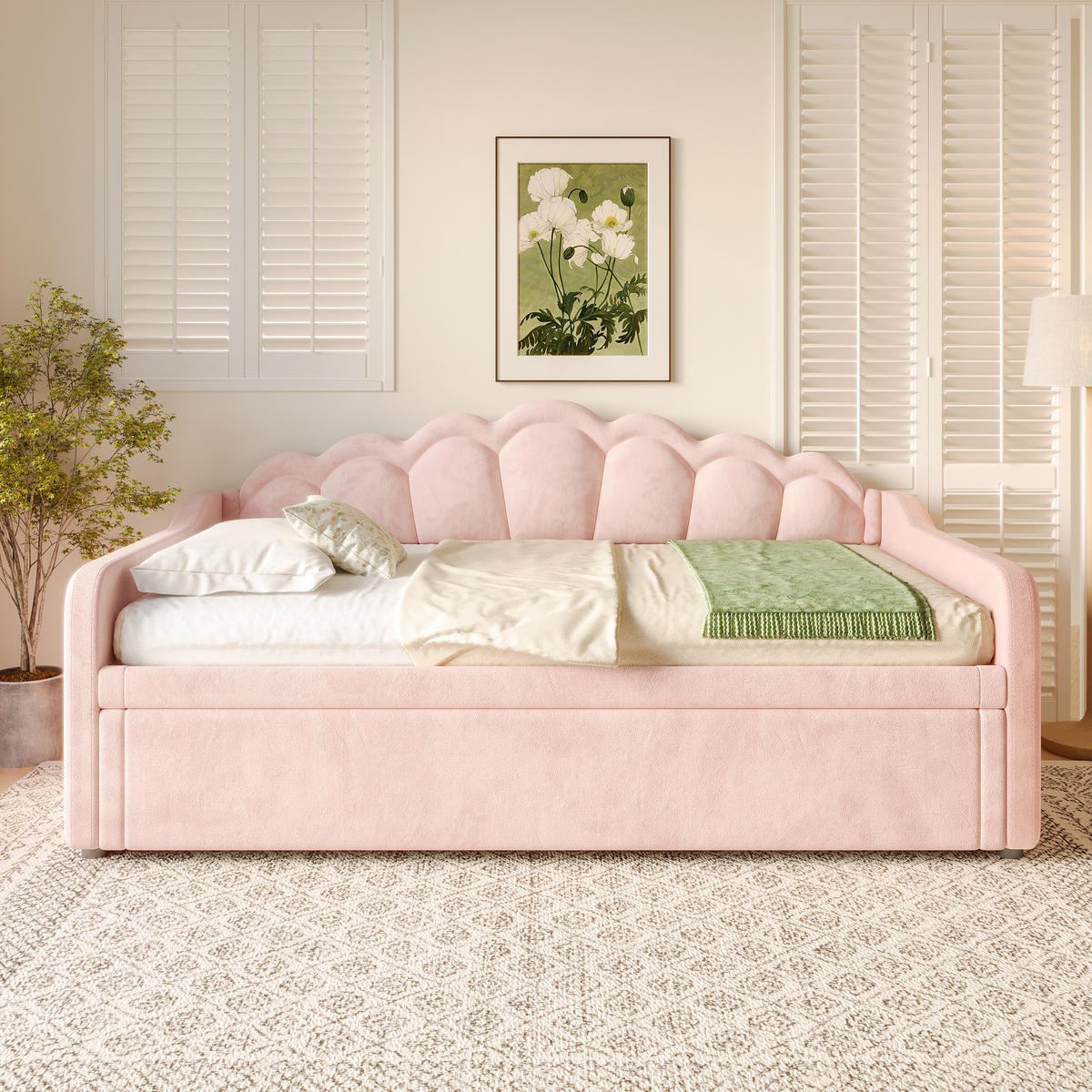 TAGEBETT 90x200cm + 180x200cm Rosa Samt Ausziehbett LED-Streifen - Pink, Holz (180/200cm) - FLIEKS