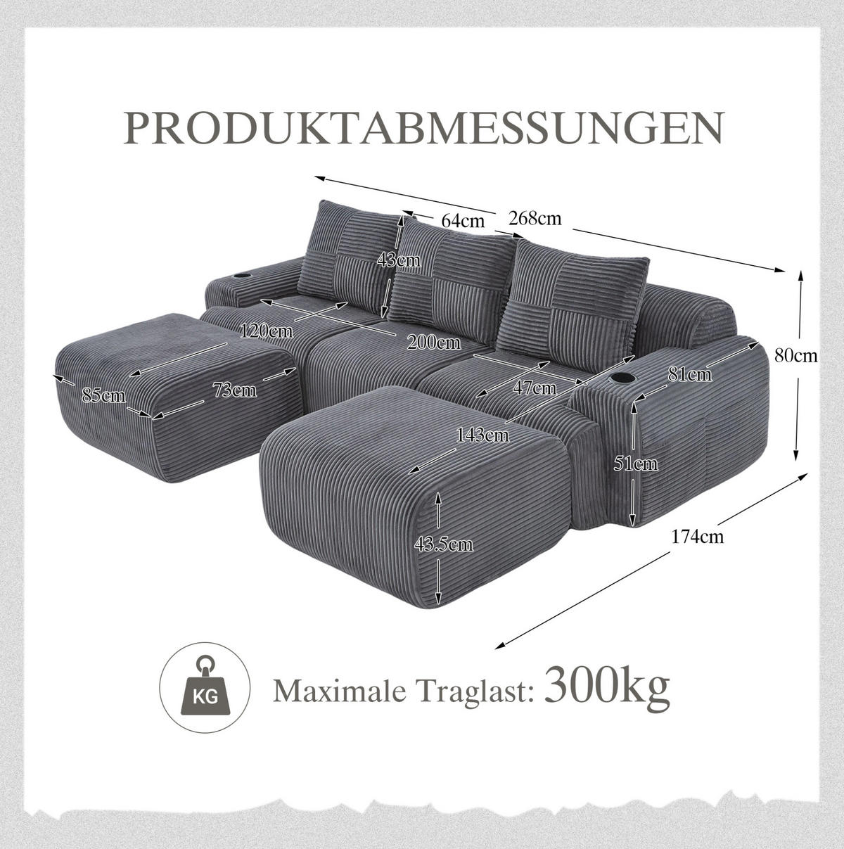 MODULARE Wohnlandschaft 268/174/66 cm in Dunkelgrau mit Cupholder - Dunkelgrau, Textil (174/80/268cm) - BEAOK