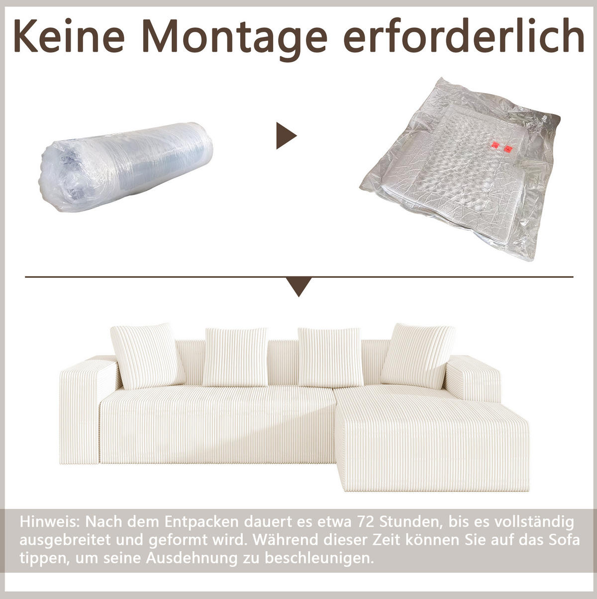 ECKSOFA 261/146/65 cm weiß aus Cord modular mit Longchair - Weiß, Textil (146/261cm) - OKWISH