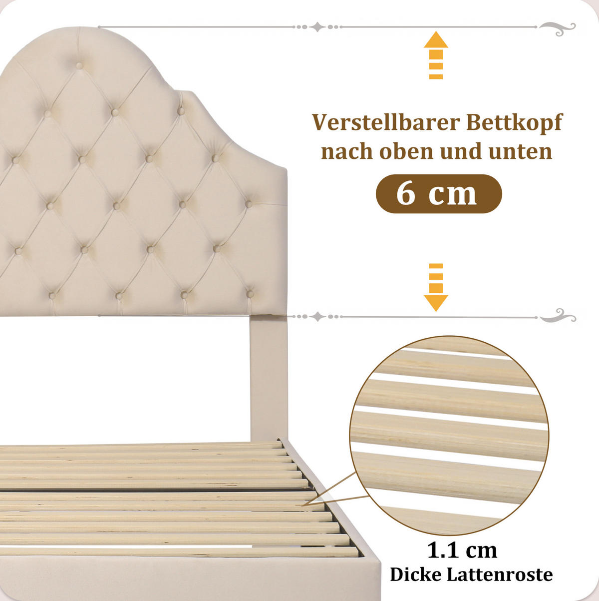 POLSTERBETT 90/200 cm Beige aus Samt mit höhenverstellbarem Kopfteil - Beige, Textil (90/200cm) - OKMYHOME