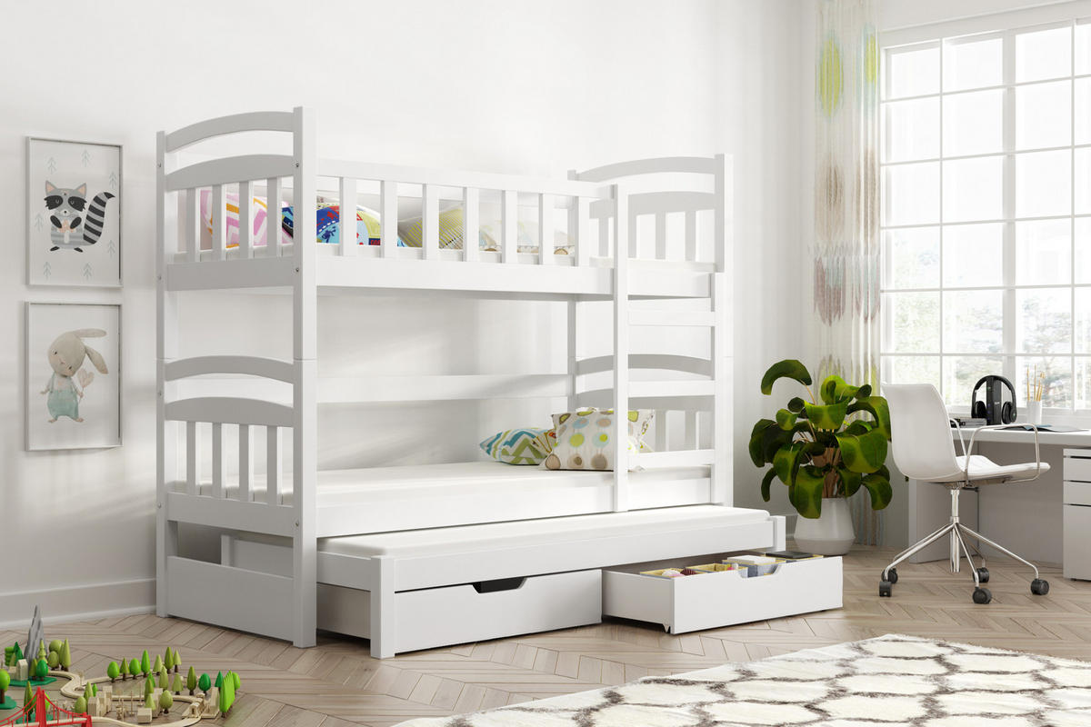ETAGENBETT 80x180cm mit Rausfallschutz, 2 Schubladen, Ausziehfunktion, Inkl. 3 Matratzen - Weiß, Holz - thematys