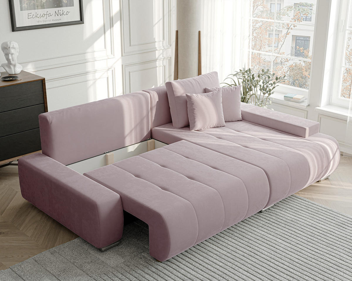 ECKSOFA NIKO Rechts, mit Schlaffunktion und Bettkasten, Rosa - Rosa, Textil (227/153cm) - Idohome