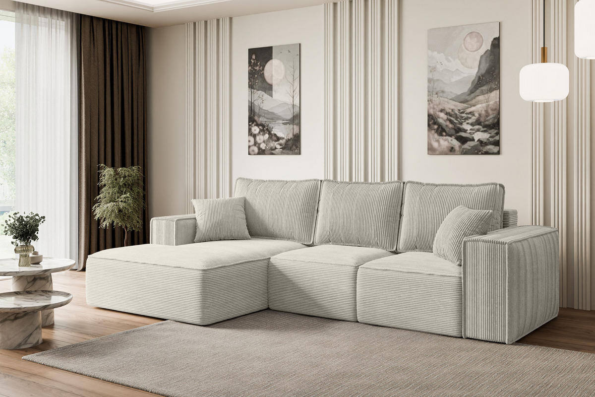 ECKSOFA mit Schlaffunktion und Bettkasten SERRA-L-S - 266x161x87 cm Hellgrau Cord - Hellgrau/Schwarz, Holzwerkstoff/Kunststoff (266/161cm) - ALTDECOR