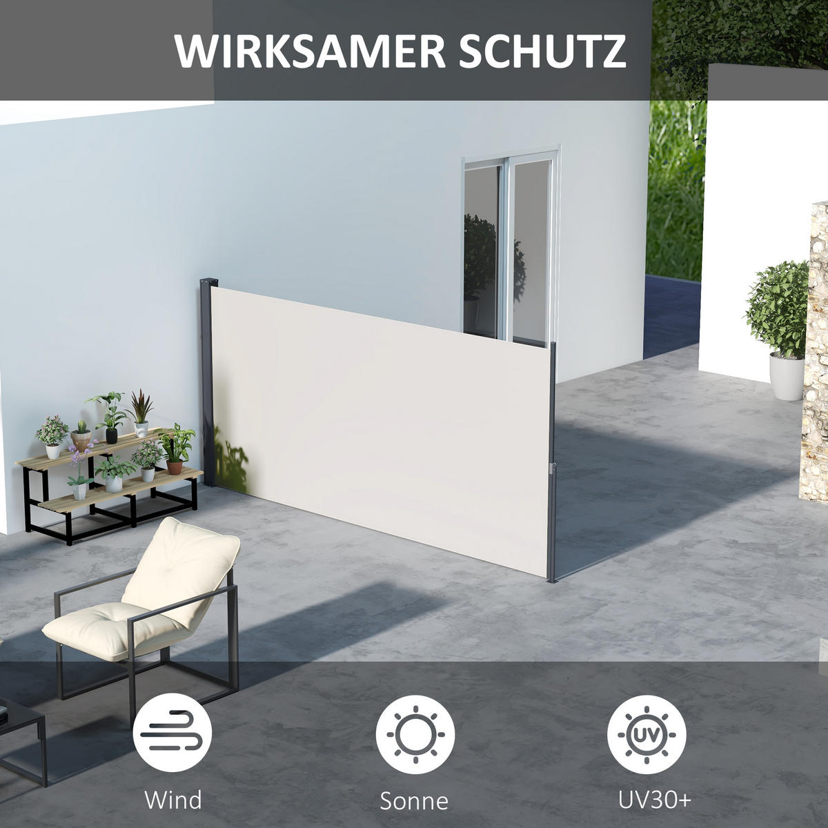 SEITENMARKISE, Hellgrau, 300L x 100H cm/300L x 140H cm, Polyesterstoff, Metall - Hellgrau, Kunststoff (140/140cm) - Outsunny