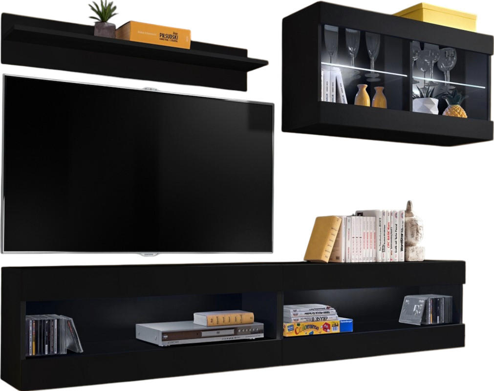 WOHNWAND 4-er Set, TIVOLI SET6 Schwarz + Schwarz, Offener Raum - Schwarz, Glas/Holzwerkstoff (240/195/35cm) - Komodee