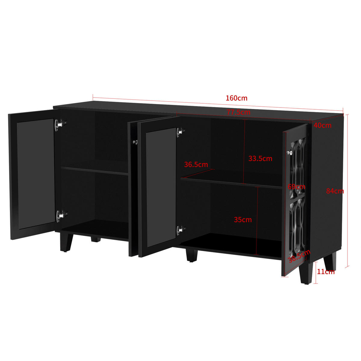 SIDEBOARD 160/40/84 cm in Schwarz mit 4 Türen und Spiegelfront - Schwarz, Holzwerkstoff (160/84/40cm) - Flora Grace
