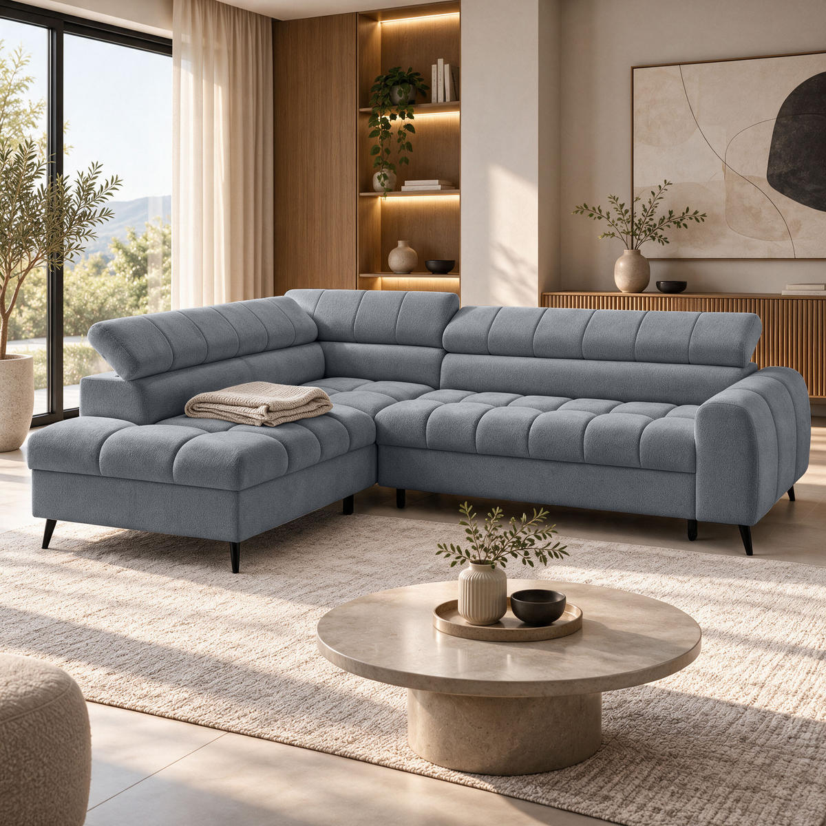 ECKSCHLAFSOFA Vinni Grau, Chenille-Stoff, links - Grau, Textil (265/205cm) - Beautysofa