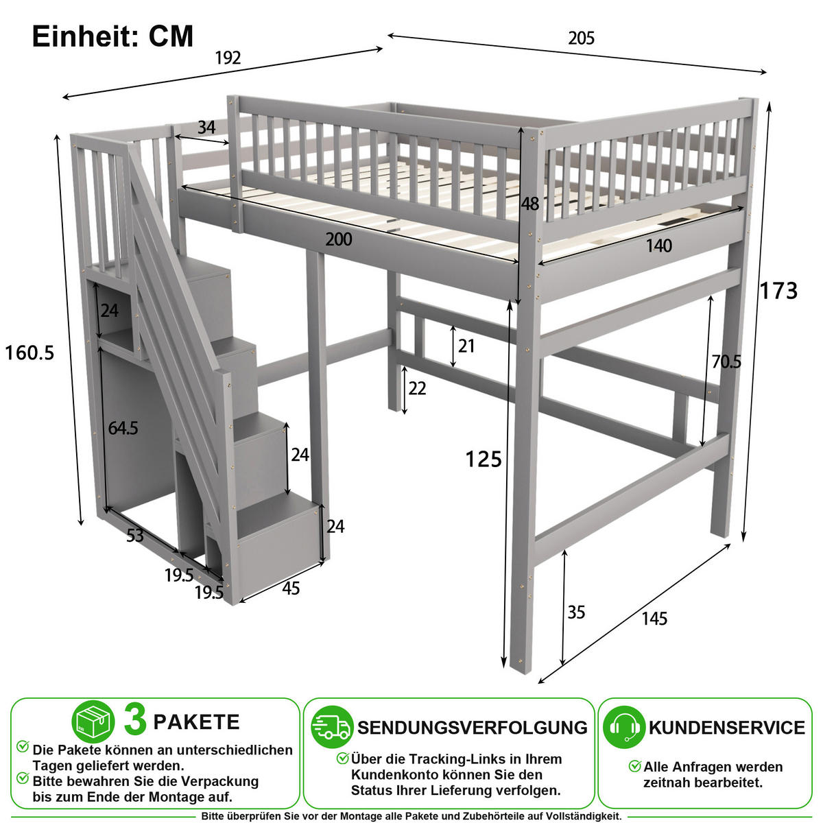 HOCHBETT 140/200 cm in Grau mit Stauraumtreppe und hoher Umrandung - Grau, Holz/Holzwerkstoff (140/200cm) - CHICFURN