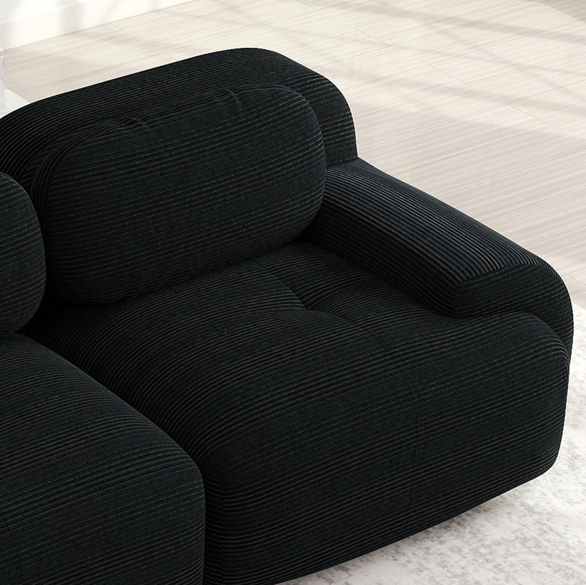 MODULARES Ecksofa rahmenlos mit geschwungenen Armlehnen und rutschfester Unterseite, Schwarz - Schwarz, Textil (208/103cm) - Redom