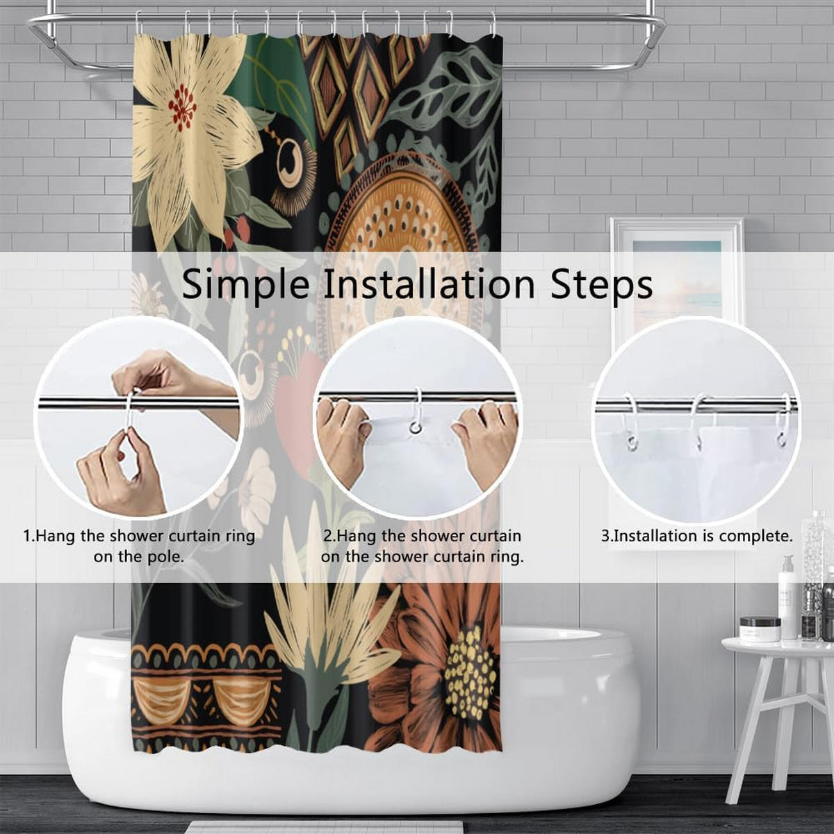 DUSCHVORHANG Boho Blumen Muster Badewanne schimmelresistent wasserdicht - Multicolor, Textil (180/180cm) - MCBOSON