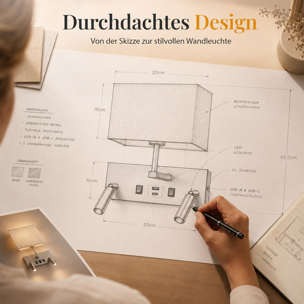 LED WANDLEUCHTE Noxvin 25/15/33.5 cm - Nickelfarben, Textil/Metall (15/33.5/25cm) - ZMH