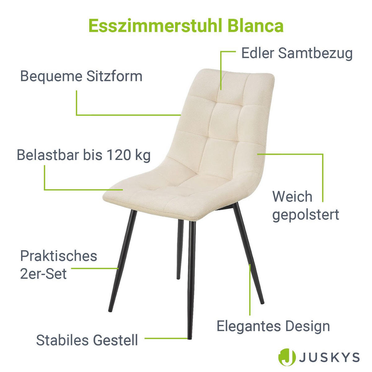 ESSZIMMERSTUHL Blanca Samt beige (2er Set) - Beige, Textil (46/90/61cm) - Juskys