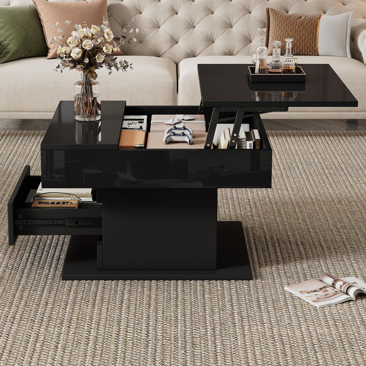 COUCHTISCH 70/70/45 cm schwarz aus Spanplatte mit Hebefunktion und 360° Drehplatte - Schwarz, Holzwerkstoff (70/70/45cm) - OKMYHOME
