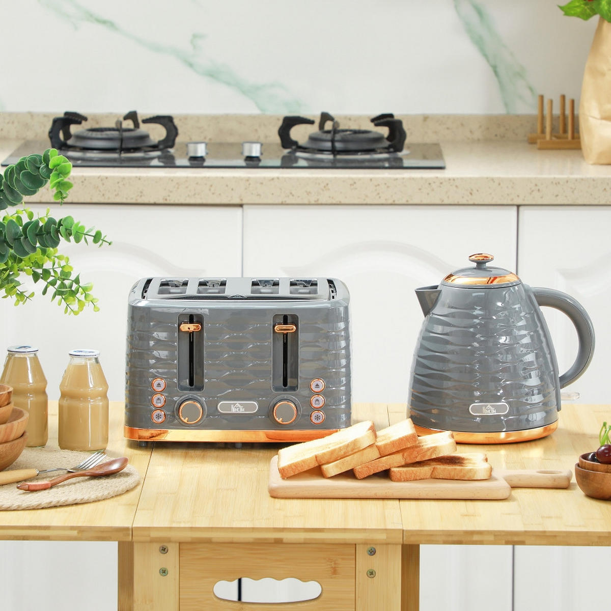 WASSERKOCHER-TOASTER Set 4 Scheiben 1,7L Grau 3000W - Grau, Kunststoff (19.5/23.2/24.1cm) - Rolipo