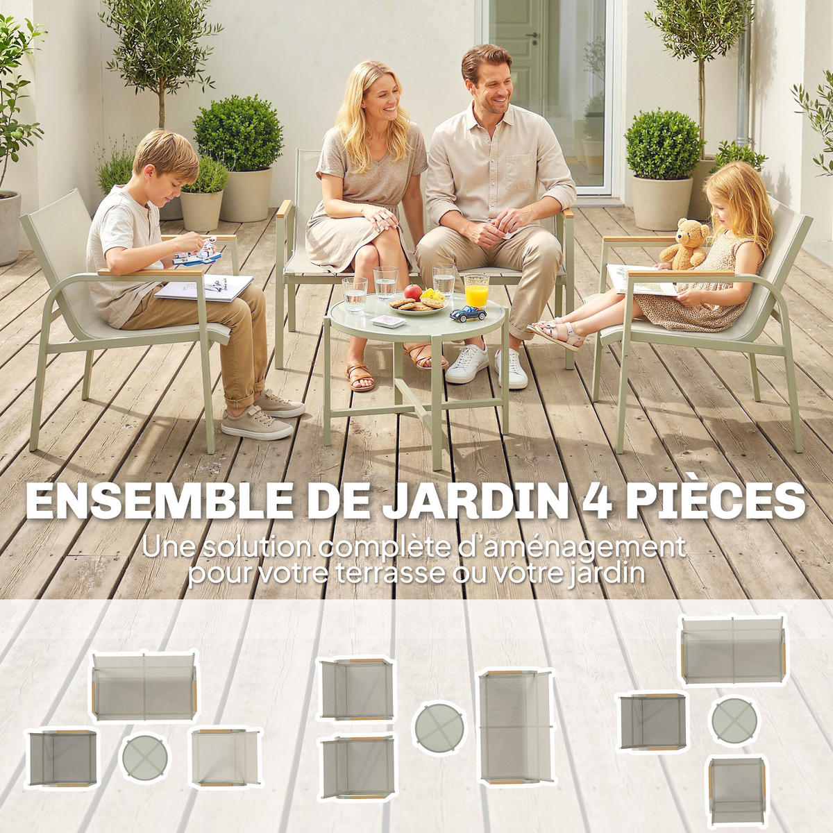 GARTENSET DE-13504 4-teilig mit Glasplatte, Textilène-Bezug Grün - Grün, Metall - ComfortXL