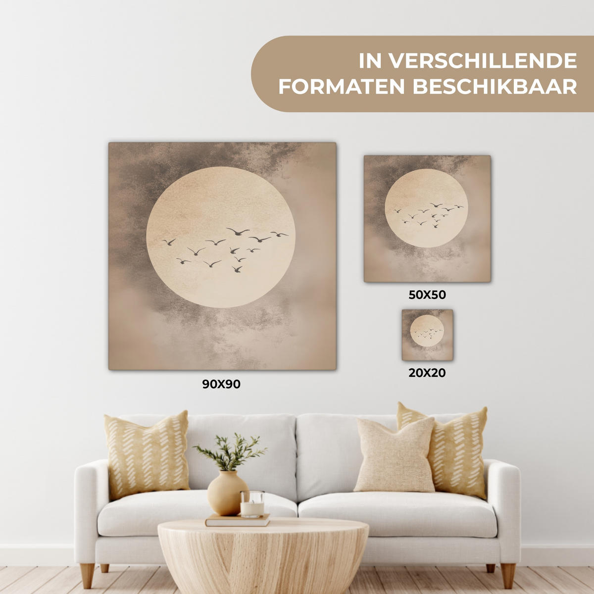 LEINWANDBILD Vogel - Beige - Japanisch Wandbild Wohnzimmer 50x50 cm - Taupe, Textil (50/50cm) - MuchoWow