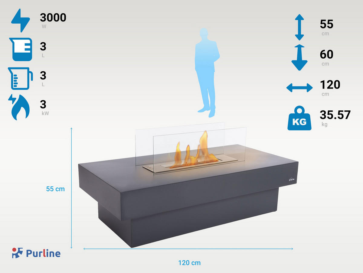 BIOETHANOL-KAMIN Schwarz Bodenmodell inklusive 3 L Brennblock - Schwarz, Metall (120/55/60cm) - Purline