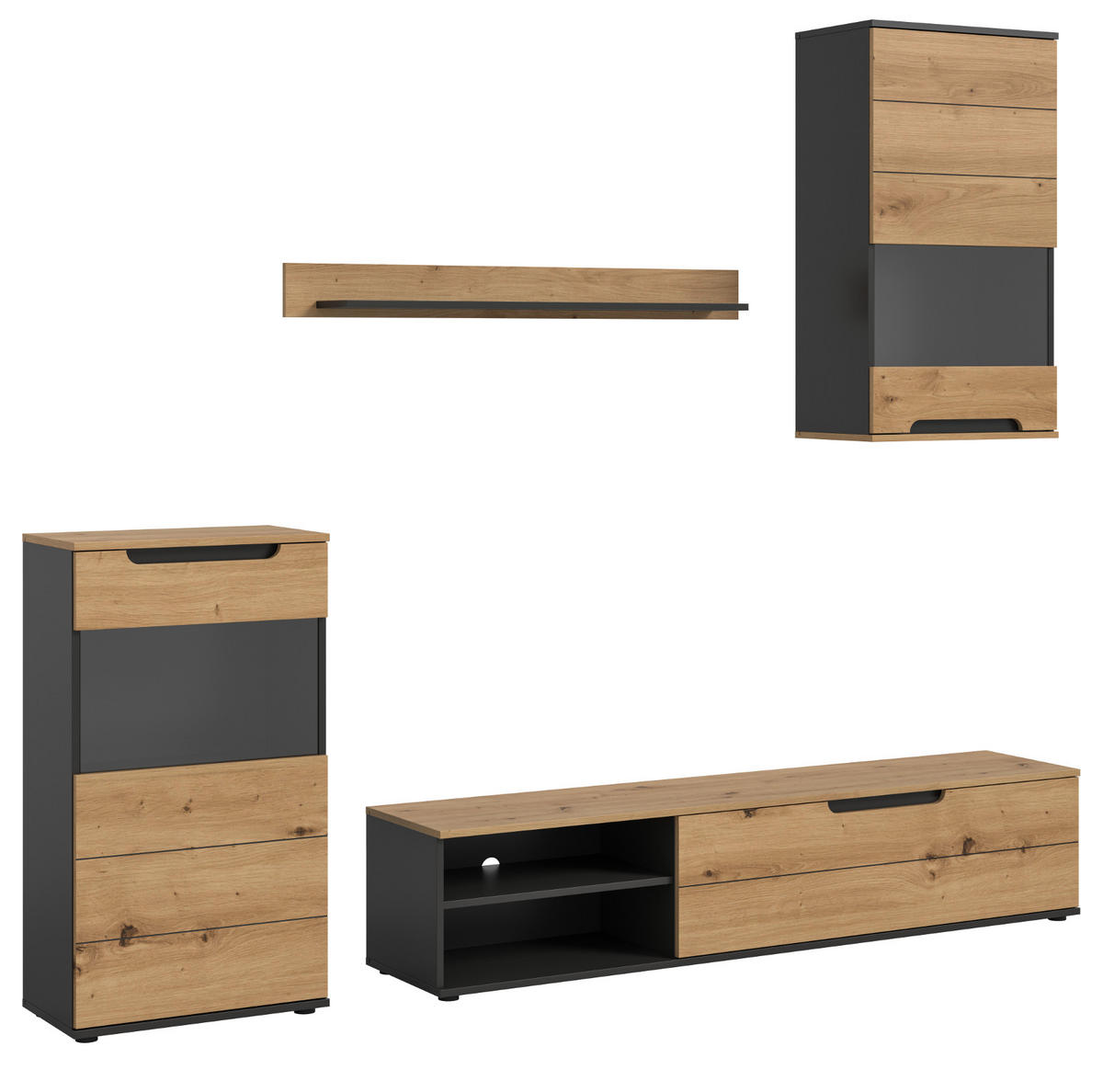 WOHNWAND Eiche Artisan, grau 4-teilig 246 cm, Schrankwand mit Soft-Close - Schwarz/Eiche Artisan, Glas/Holz (246/182/37cm) - Inn.Furn