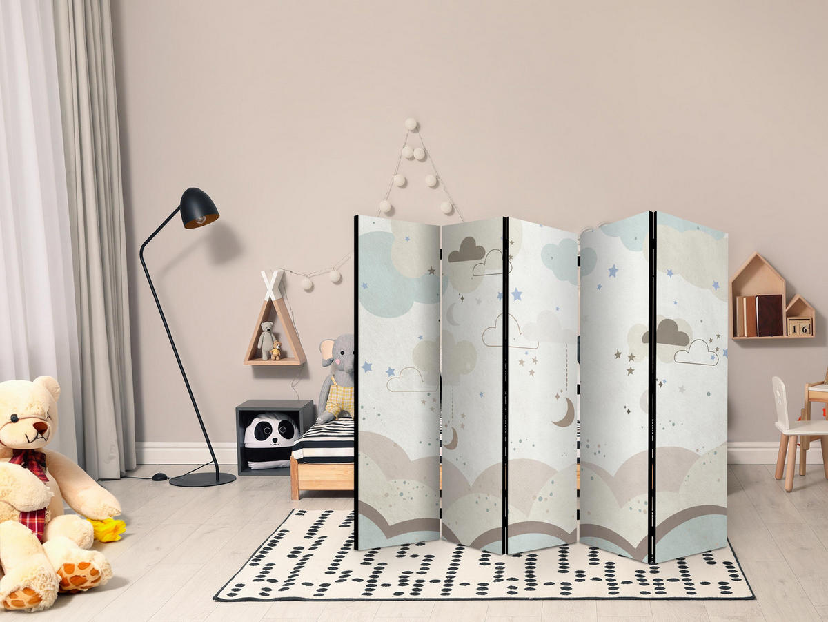PARAVENT Einseitig Bedruckter 5-tlg 225x172 cm Wolken Sterne Kinder - Multicolor, Holz/Textil (225/172/3cm) - Muralo