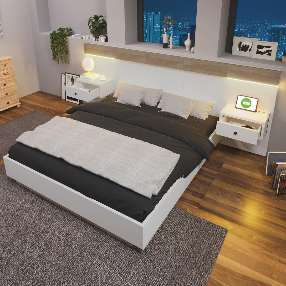 BETT 160/200 cm mit 2 LED-Nachtkommoden, USB/Typ-C und Steckdose, Schwebeoptik, Weiß/Sonoma-Eiche - Weiß, Holzwerkstoff (160/200cm) - Redom