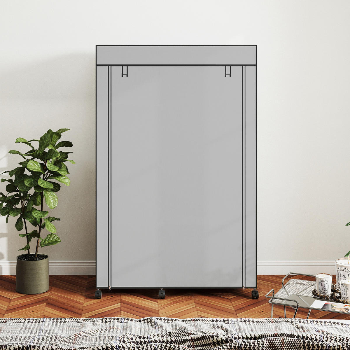 STOFFSCHRANK mit 6 Regalen und 1 Kleiderstange, platzsparende Aufbewahrungslösung in Hellgrau - Hellgrau, Metall (103/162.5/43cm)