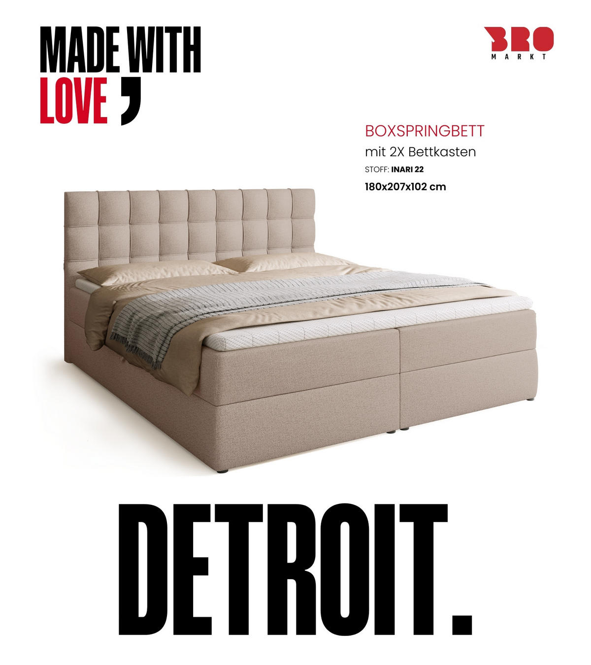 BOXBETT Detroit mit Topper 180/200 Beige - Creme, Textil (180/200cm) - Bromarkt