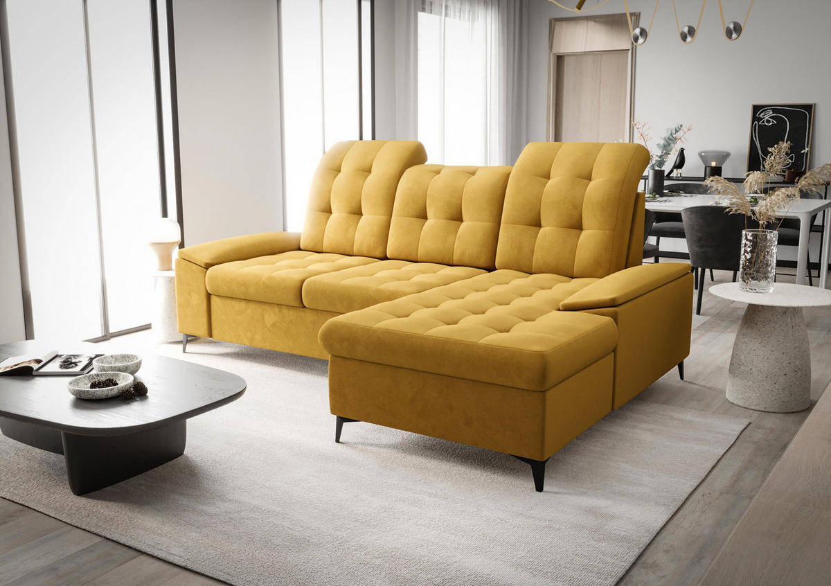 ECKSOFA KONGO RBN18, Eckcouch in L-Form mit Schlaffunktion, Farbe: Gelb, Velourstoff, Ottomane Rechts - Gelb, Textil (257/172cm) - O-Sofa