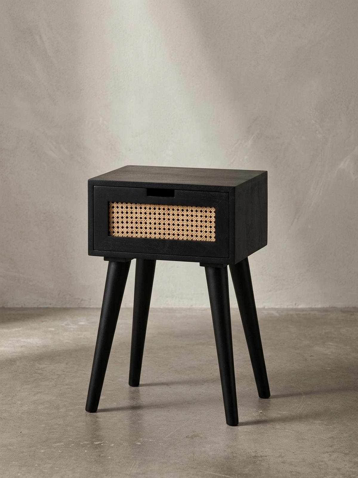 NACHTTISCH – Mango Massivholz/Rattan, 40x60x30 cm, Schwarz, 1 Schublade, Wiener Geflecht - Schwarz, Holz (40/60/30cm) - KADIMA DESIGN