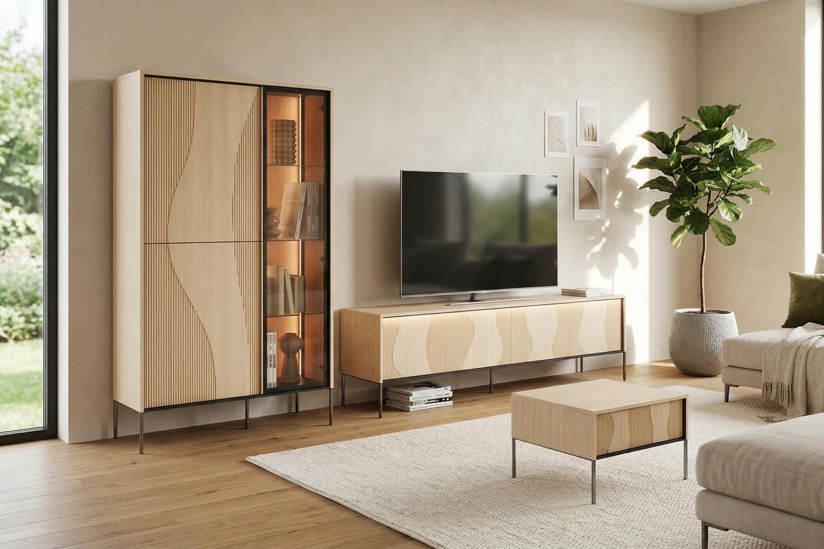 VITRINE FAVOS 01 92/157/34 cm in Eiche Vincenza hell und Schwarz mit LED - Eichefarben/Schwarz, Holzwerkstoff (92/157/34cm) - Deine Möbel 24