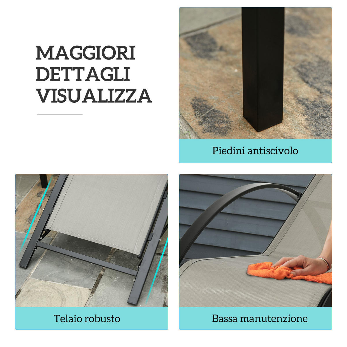 SONNENLIEGE Set aus 2 Sonnenliegen und Couchtisch mit Glasplatte 59 x 169 x 66 cm ,Grau - Grau, Metall (59/66/169cm) - Vallsero