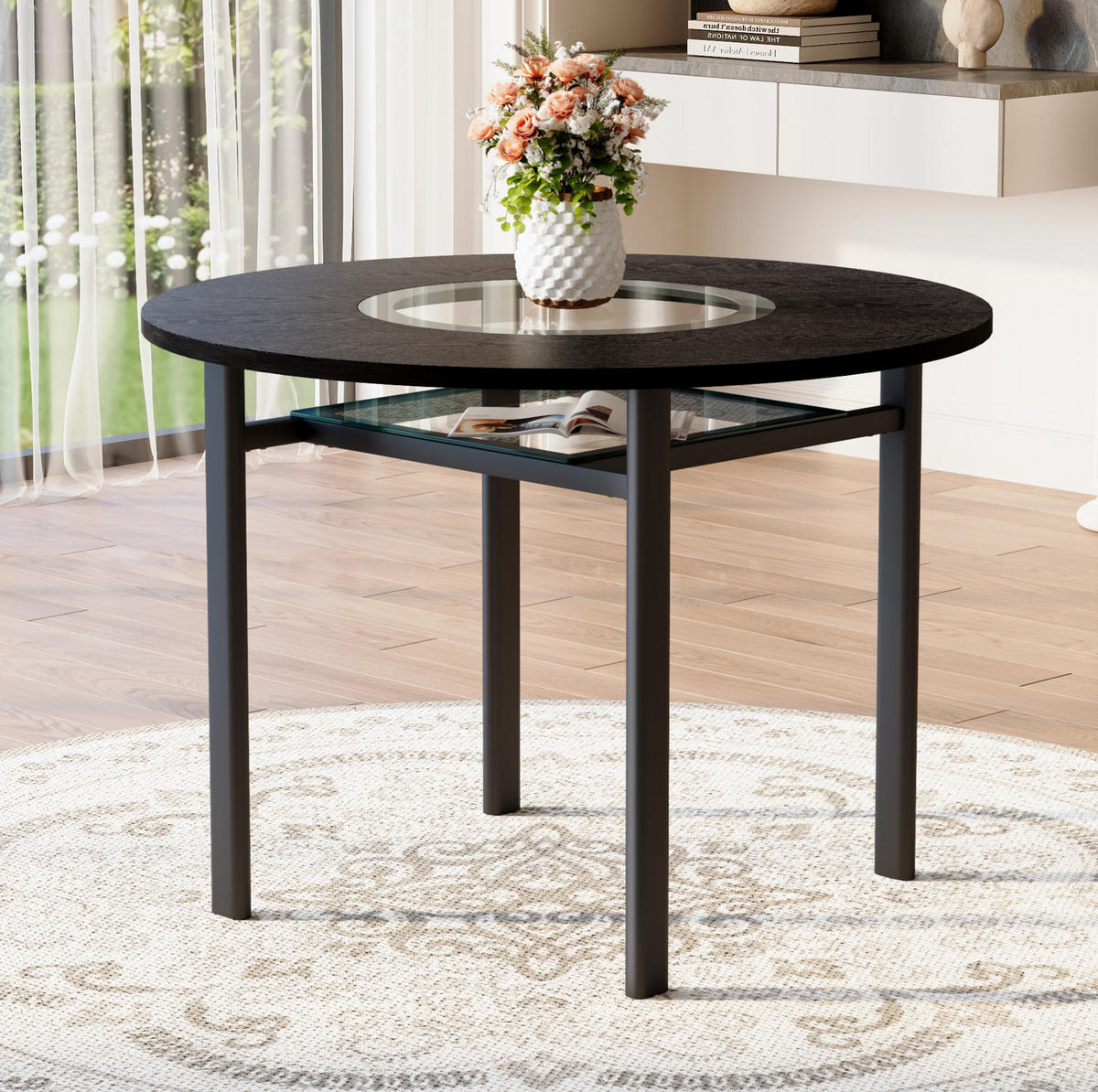 JÍDELNÍ stůl 100 cm s deskou z MDF a tvrzeným sklem, kovová stabilní konstrukce, Černá - černá, kompozitní dřevo (100/100/76cm) - Redom
