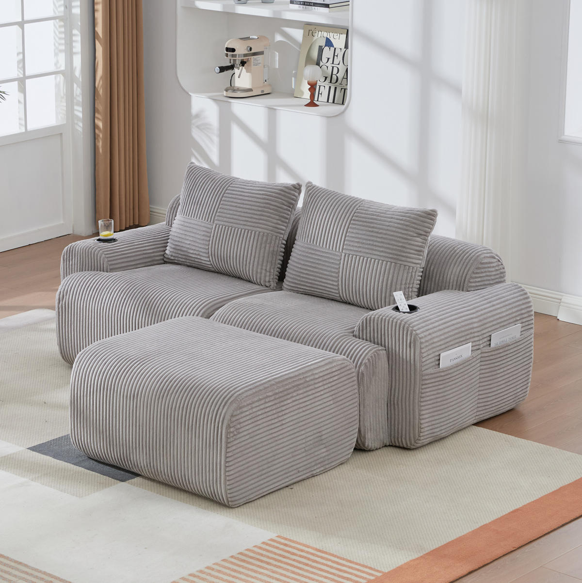 MODULARES 2-Sitzer Sofa Cordstoff mit Getränkehalter und Seitentasche 200/174/80 cm Hellgrau - Hellgrau, Textil (174/200cm) - Redom