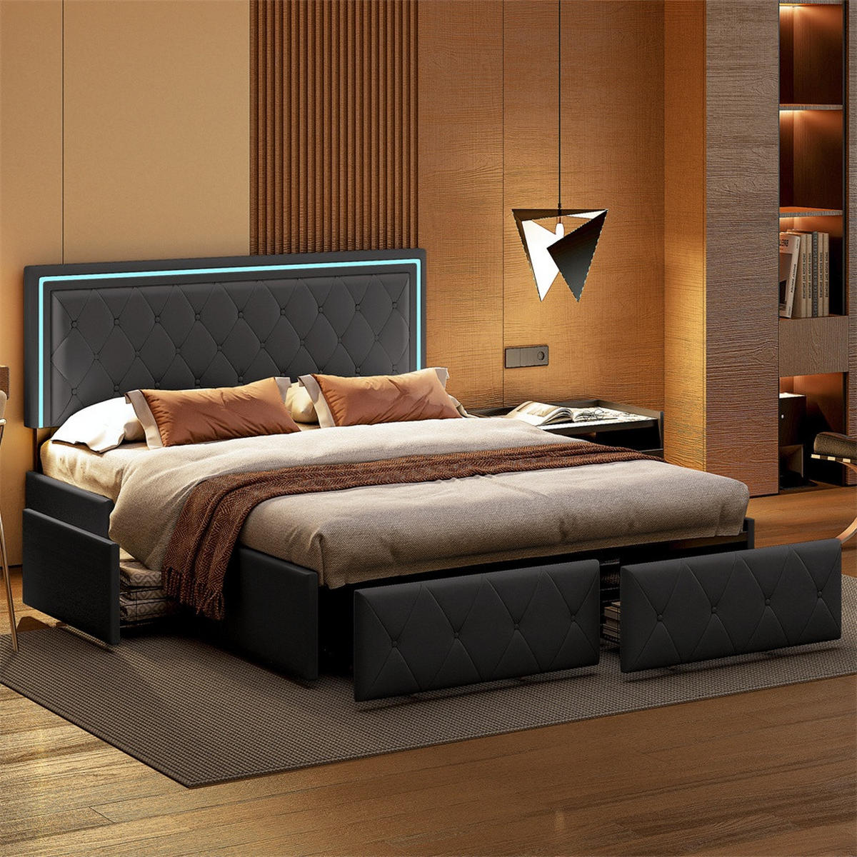 POLSTERBETT 140x200 cm - Doppelbett mit 4 Schubladen und LED-Kopfteilbeleuchtung - Grau - ohne Matratze - Grau, Textil (140/200cm) - DELFA