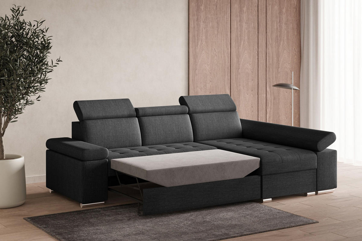 ECKSOFA mit Schlaffunktion Luka L Twist 23 - Dunkelgrau - Rechts - Dunkelgrau/Silberfarben, Holzwerkstoff (260/168cm) - Möblo